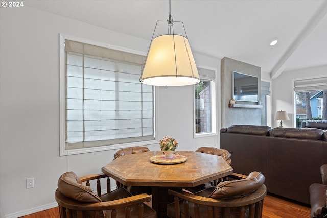 dining space with hardwood / wood-style floors