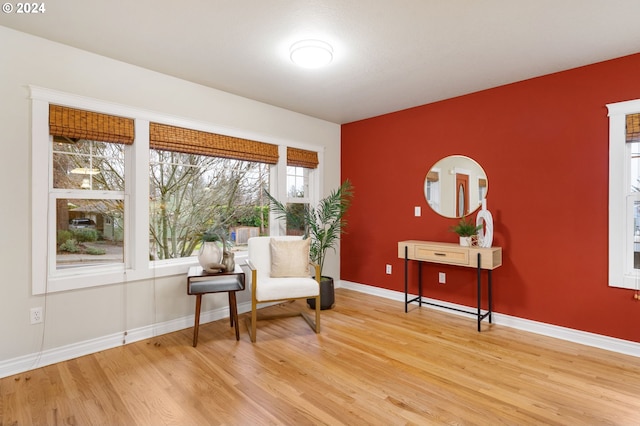 sitting room featuring wood-type flooring and a wealth of natural light