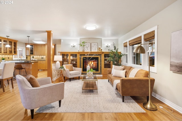 living room featuring light hardwood / wood-style flooring and sink