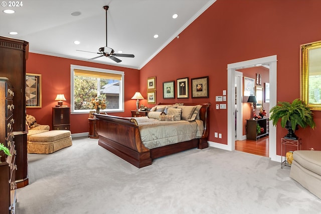 carpeted bedroom featuring baseboards, ornamental molding, and recessed lighting