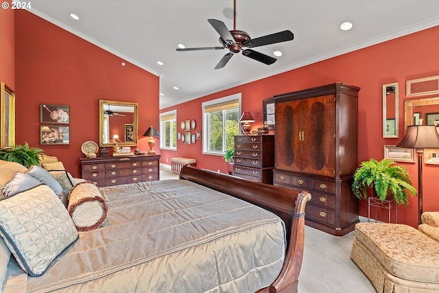 carpeted bedroom featuring recessed lighting, ornamental molding, ceiling fan, and vaulted ceiling