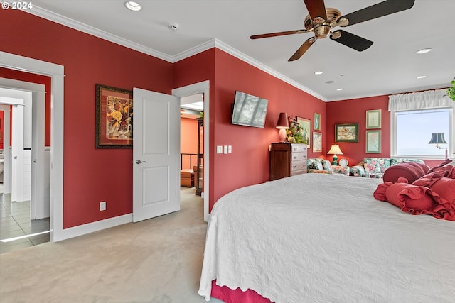 bedroom with crown molding, recessed lighting, baseboards, and light carpet