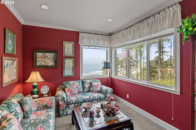 carpeted living room featuring baseboards, ornamental molding, and recessed lighting