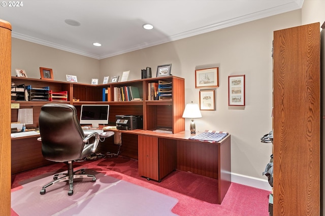 office area with baseboards, ornamental molding, carpet floors, and recessed lighting