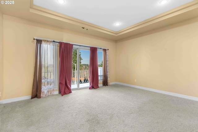 carpeted empty room with a tray ceiling