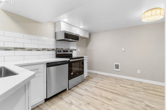 kitchen featuring light wood-type flooring, stainless steel appliances, white cabinets, and tasteful backsplash