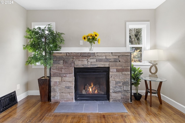 details with a fireplace and hardwood / wood-style floors