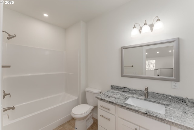 full bathroom featuring shower / washtub combination, vanity, wood-type flooring, and toilet