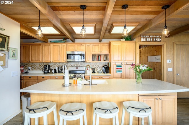 living room with wooden ceiling, beam ceiling, light wood-type flooring, and a chandelier