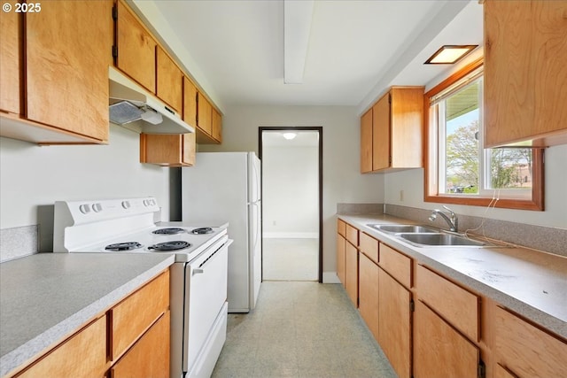 20125 SW Rachelle Ct, Beaverton, OR 97078 - kitchen with white appliances, a sink, under cabinet range hood, light flooring, and light countertops