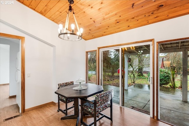 dining room featuring light wood-type flooring, wooden ceiling, lofted ceiling, and an inviting chandelier