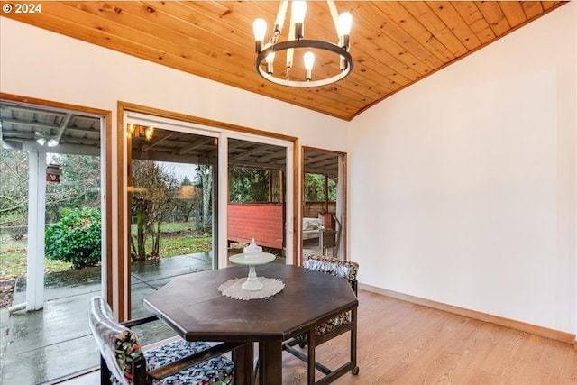 dining room with wooden ceiling, lofted ceiling, light hardwood / wood-style flooring, and an inviting chandelier