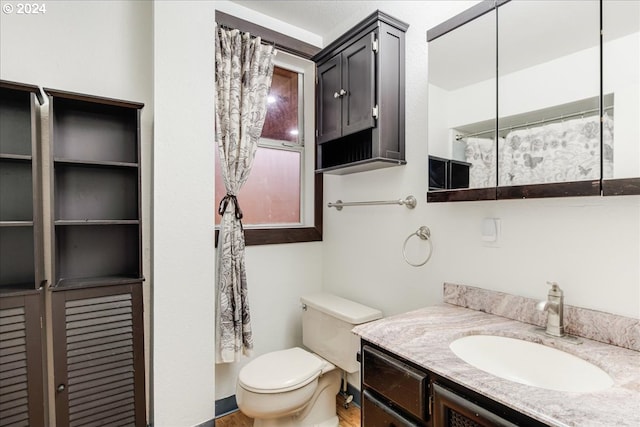 bathroom with toilet, vanity, and curtained shower