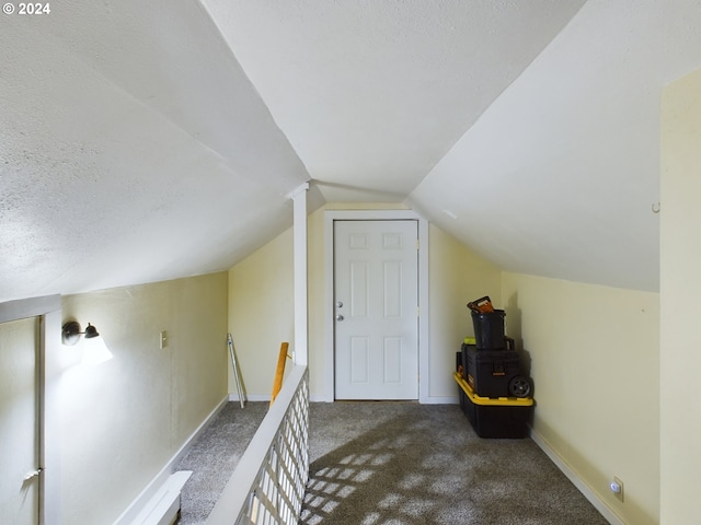 additional living space featuring dark colored carpet, lofted ceiling, and a textured ceiling