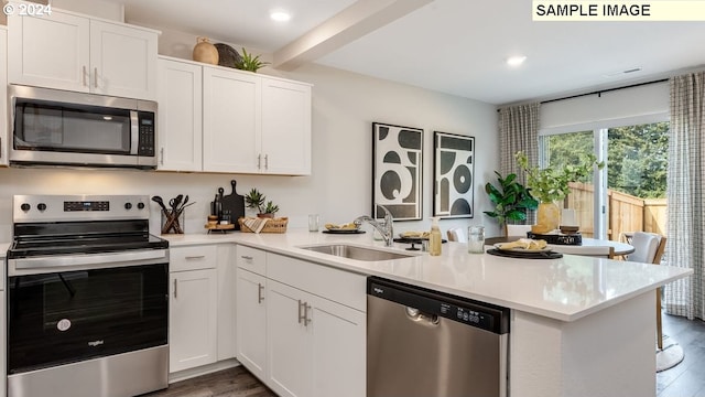 kitchen with kitchen peninsula, white cabinets, appliances with stainless steel finishes, and sink