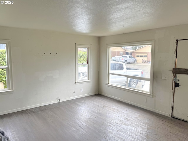 spare room with light hardwood / wood-style flooring, plenty of natural light, and a textured ceiling