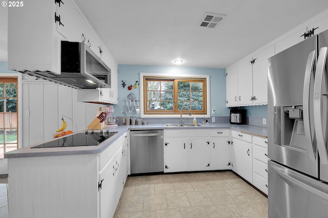 kitchen with white cabinetry, appliances with stainless steel finishes, kitchen peninsula, and sink