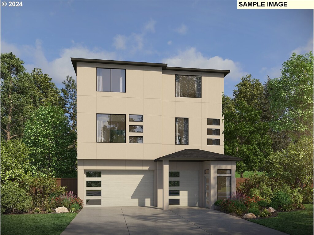 12360 SW Silvertip St, Beaverton, OR 97007 - contemporary house with an attached garage, concrete driveway, and stucco siding