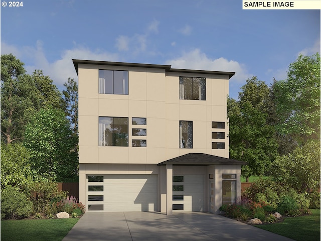 12360 SW Silvertip St, Beaverton, OR 97007 - contemporary house with an attached garage, concrete driveway, and stucco siding