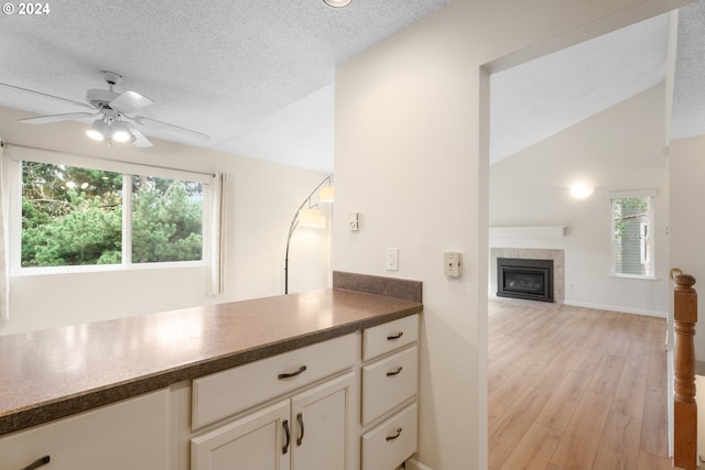 kitchen with white cabinetry, light hardwood / wood-style floors, a healthy amount of sunlight, and lofted ceiling