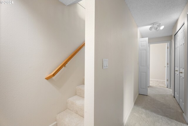 stairway with carpet and a textured ceiling