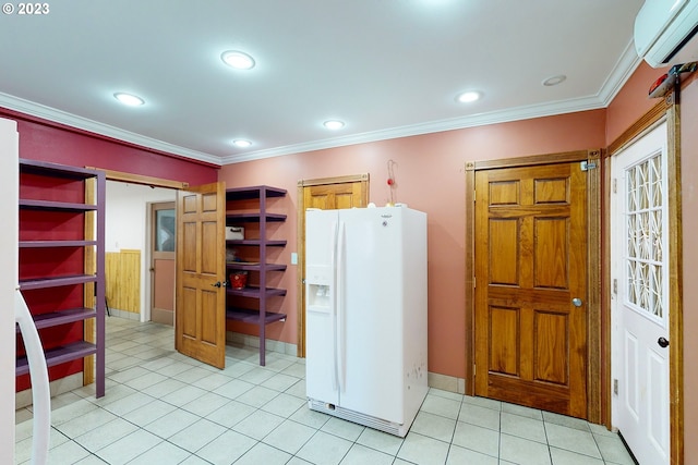 interior space with ornamental molding, light tile flooring, and a wall mounted AC