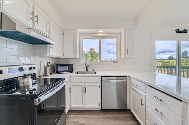 kitchen featuring a sink, light wood-style floors, white cabinets, appliances with stainless steel finishes, and backsplash