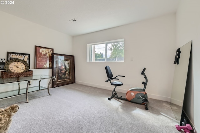 exercise room featuring carpet, visible vents, and baseboards