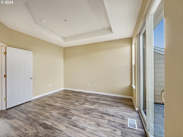 spare room with a tray ceiling and hardwood / wood-style flooring