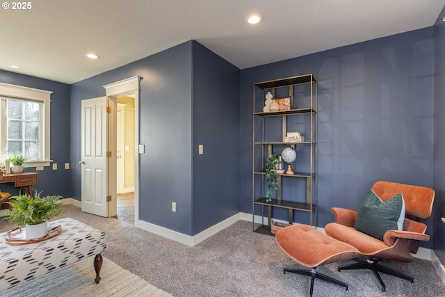 living area with a textured ceiling and carpet flooring