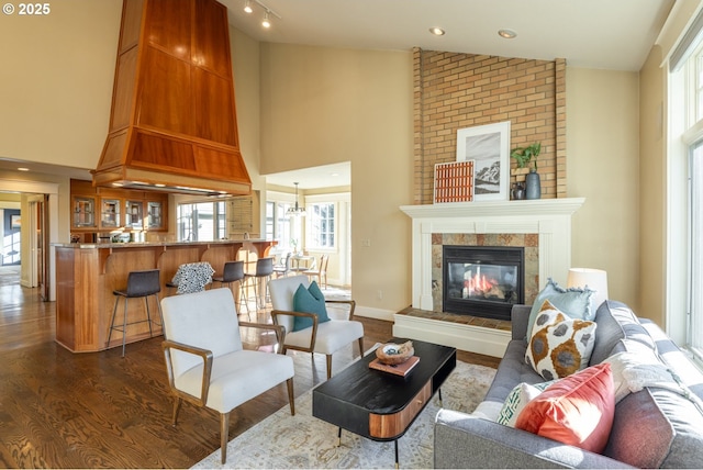 living room featuring a tiled fireplace, dark hardwood / wood-style floors, and a healthy amount of sunlight