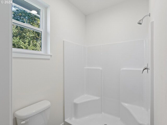 bathroom featuring vanity, walk in shower, and toilet