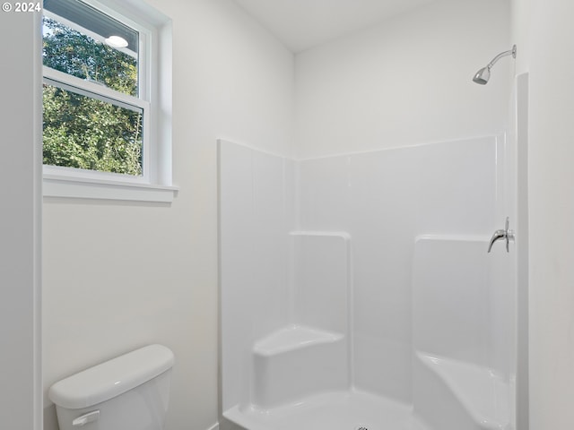 bathroom featuring toilet, a shower, and a wealth of natural light