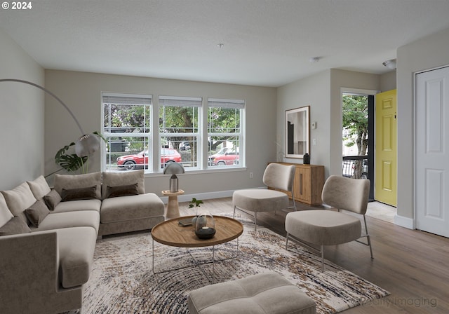 living room featuring hardwood / wood-style flooring and a textured ceiling