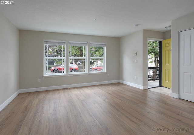 empty room featuring a textured ceiling, plenty of natural light, and light wood-type flooring