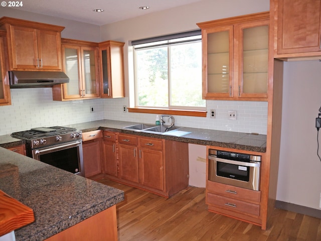 kitchen featuring stainless steel appliances, sink, wood-type flooring, and backsplash