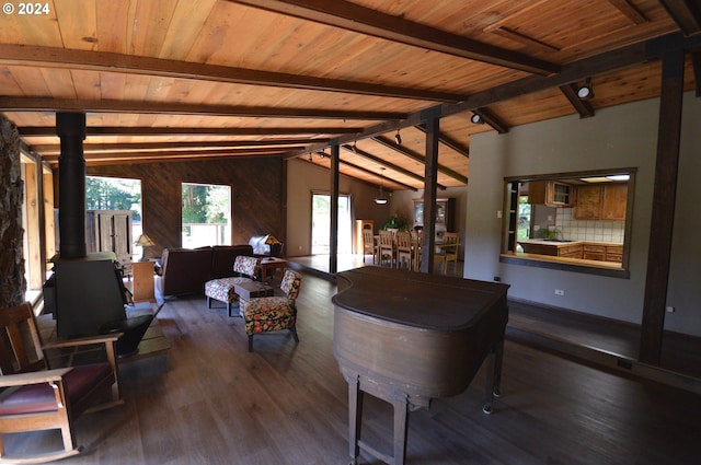 interior space featuring dark hardwood / wood-style flooring, lofted ceiling with beams, a healthy amount of sunlight, and wood ceiling