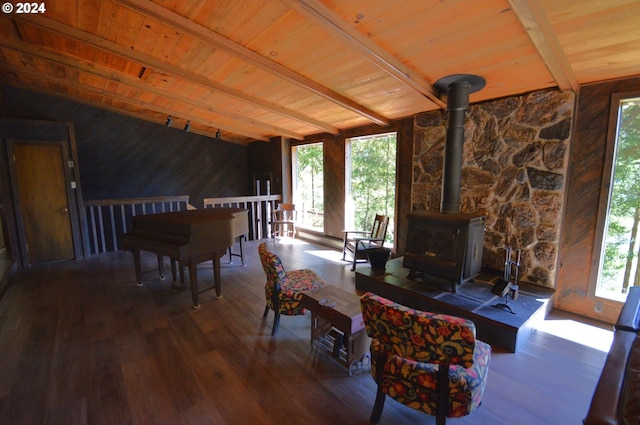 interior space with hardwood / wood-style flooring, lofted ceiling with beams, a wood stove, and wood ceiling