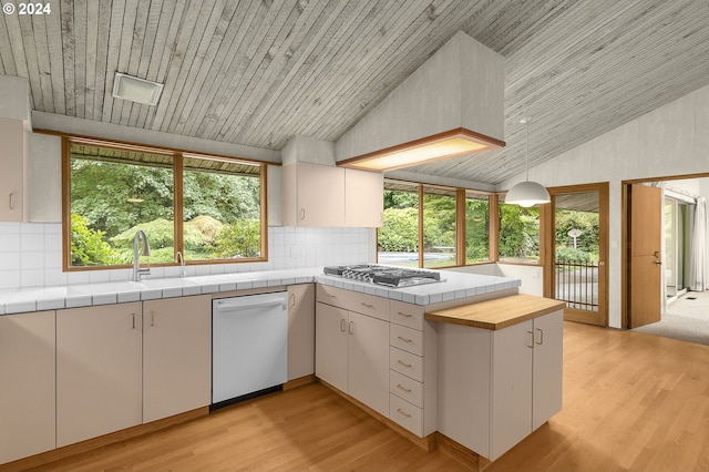 kitchen with a peninsula, light wood-type flooring, stainless steel gas cooktop, and dishwasher