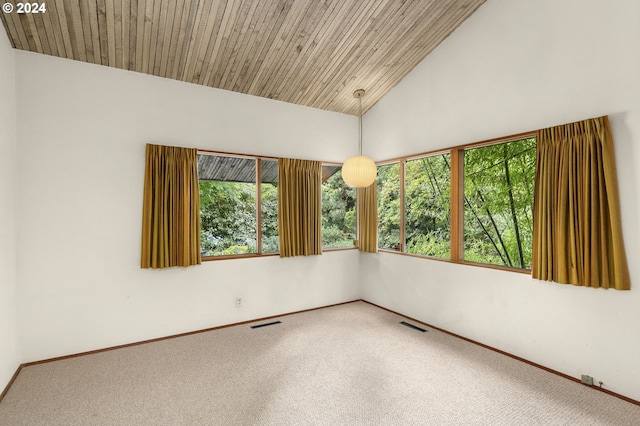 unfurnished room featuring wood ceiling, high vaulted ceiling, carpet flooring, and visible vents