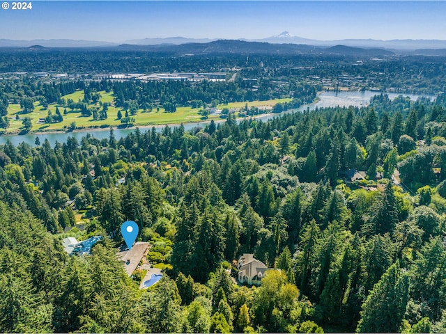 drone / aerial view featuring a water and mountain view