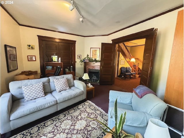 living room with ornamental molding, dark colored carpet, and track lighting
