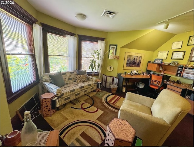 living room featuring vaulted ceiling and track lighting