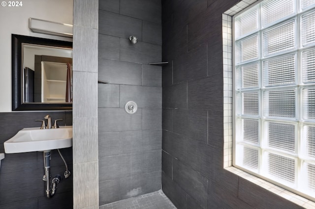 bathroom with sink and tiled shower