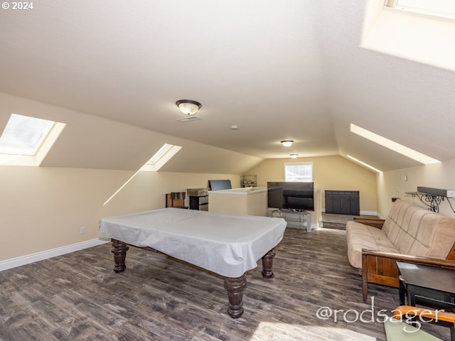 playroom with dark hardwood / wood-style flooring, pool table, and vaulted ceiling