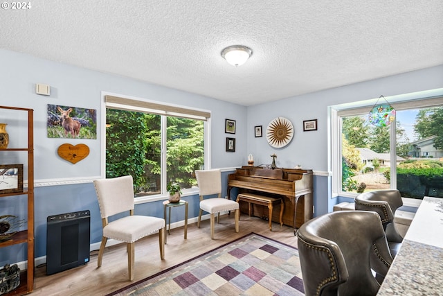 sitting room with light wood-type flooring and a textured ceiling