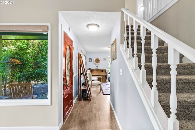 foyer with a textured ceiling, wood-type flooring, and plenty of natural light