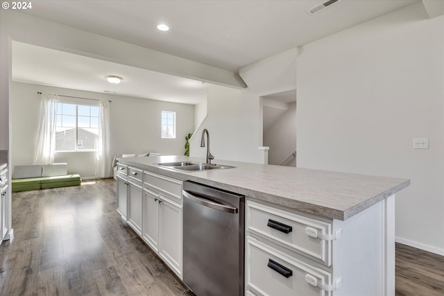 17347 NW Shackelford Rd, Portland, OR 97229 - kitchen with dishwasher, a sink, light countertops, dark wood-style flooring, and white cabinetry