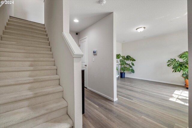 staircase with hardwood / wood-style flooring