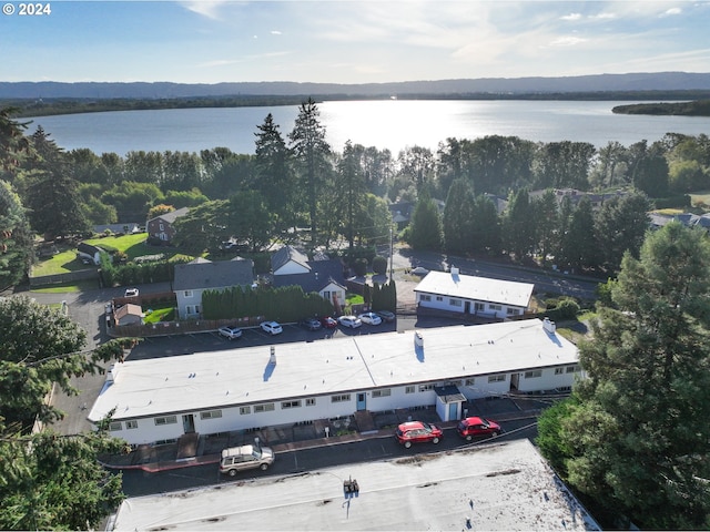 bird's eye view with a water view